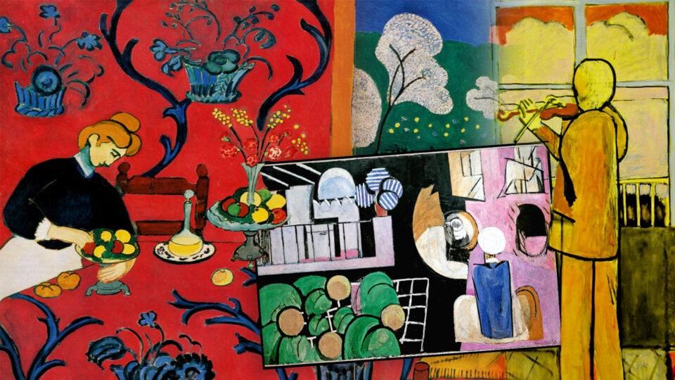 أفانين: لوحة فنية ملونة تظهر حياة يومية وألوان زاهية بأسلوب فني حديث ومبدع.